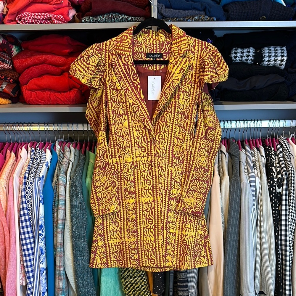 Kahindo red/yellow print long sleeve cold shoulder button front dress S NWT